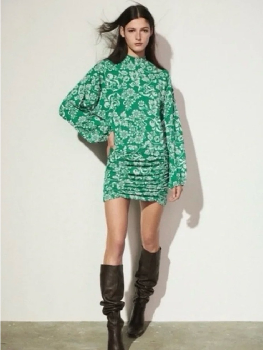 Zara Emerald Green Floral High-Neck Mini Dress